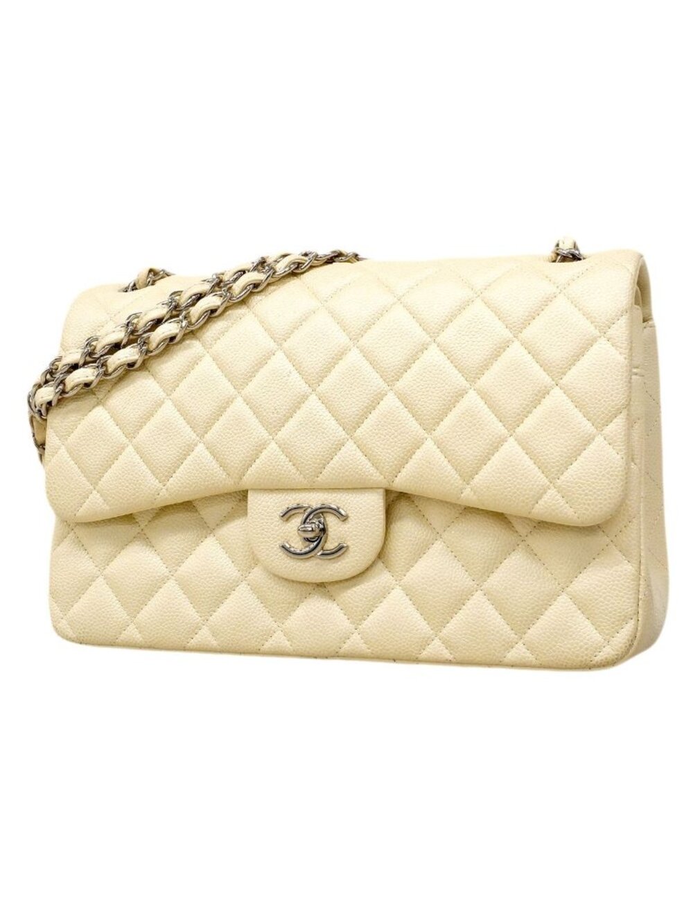 Chanel Shoulder Bag Maxi Quilted Caviar Leather Ivory Silver